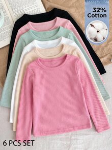 SHEIN LMoss Kids 6件組 LMoss 女嬰多功能彈性針織純色長袖打底上衣，秋季/冬季百搭 - 彩色 - 查看 1