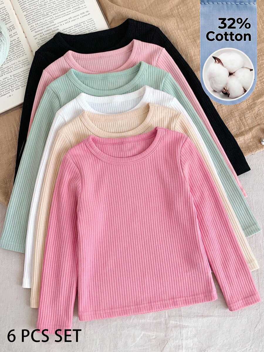 SHEIN LMoss Kids 6件組 LMoss 女嬰多功能彈性針織純色長袖打底上衣，秋季/冬季百搭 - 彩色 - 查看 1