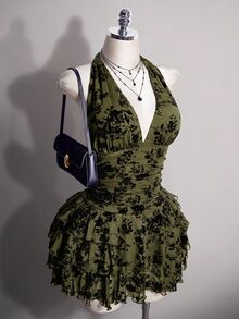 SHEIN ICON 女款大尺碼復古性感休閒千禧風Y2K優雅哥德約會深V領掛脖黑色網紗植絨蛋糕裙冬季 - 軍綠色 - 查看 4