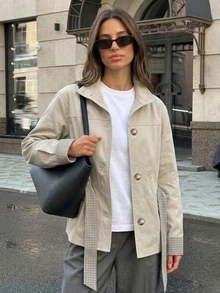 Livesso Women's Regular Fit Loose Casual Versatile Apricot Solid Color Long Sleeve Button-Up Lapel Jacket, Autumn/Winter - Apricot - View 3