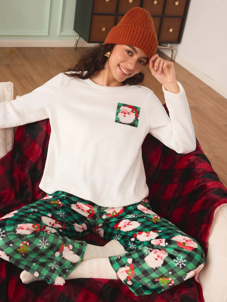 Chillnights Cute Christmas Santa Claus Snowflake Plaid Print Plush Couple Women's Pajama Set - Multicolor - View 1