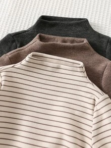 SHEIN EZwear 3-Piece Women's Autumn/Winter Casual Everyday Commuting Simple Versatile Solid Color And Striped Print Funnel Neck Thermal Lined Warm T-Shirts - Multicolor - View 5