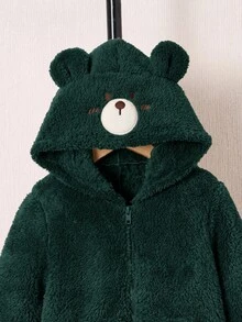 SHEIN 兒童小男孩休閒可愛熊刺繡圖案卡通帽領絨毛長袖長褲梭織連身褲，適合學校、花園、海灘、生日，春夏秋冬四季穿著 - 墨綠色 - 查看 2