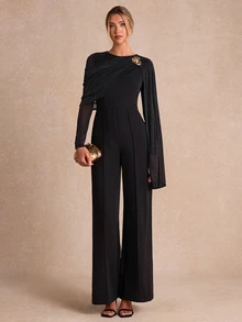 Enchnt Women's Metal Decor Pleated Jumpsuit Evening Wear - Black - View 4