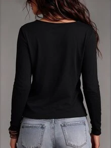 LUMIGAL Black Cotton Blend Knit Cowl Neck Draped Ruched Long Sleeve Slim Fit Top, Front Pleated Design, Elegant Fashion Layering Style, French Chic Commuter Look, Suitable For Office, Commuting, Dating, Inner Layering, Daily Wear And Street Style, Spring/Autumn Women's Knit Top - Black - View 2
