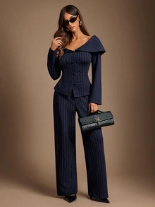 Radiana Women's Cold Shoulder Single-Breasted Long Sleeve Striped Asymmetrical Hem Blazer Suit - Navy Blue - View 3