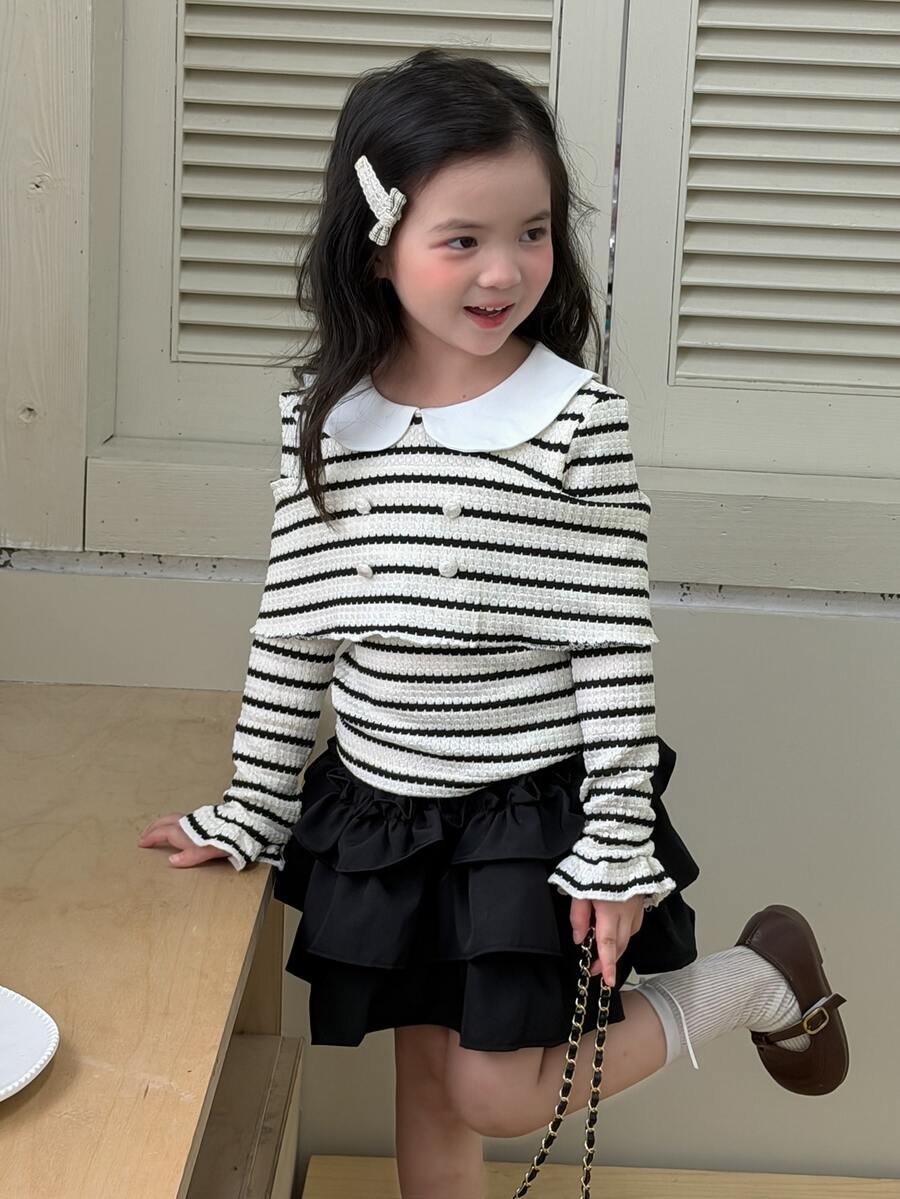 Dazy Kids Young Girl) Striped Long Sleeve Casual Inner Layer Autumn T-Shirt - Beige - View 1