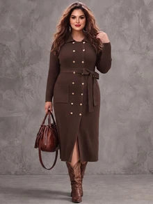 Linhara CURVE Plus Size Vintage Double-Breasted Long Sleeve Pocket Knit Dress - Coffee Brown - View 1