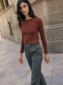 Nöista Geometric Print Trousers With Contrast Piping And Statement Pockets. High Waist And Flared Leg Create A Bold Retro Inspired Silhouette. - Navy Blue - View 6