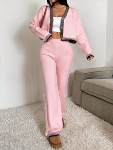CovetEZ 2件組女款純色拼接前扣長袖休閒毛衣與長褲套裝，秋季女裝 - 淺粉色 - 查看 3