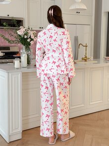 SweetSlumber Women's Cute Bow Plush Pajama Set, Contrast Color Romantic French Style Sleepwear Set, Autumn/Winter - Multicolor - View 2