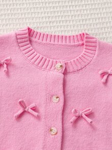4-7 Years Old Girls Bowknot Decor Single-Breasted Knit Cardigan With Ruffle Cuffs And Pleated Skirt 2 Pieces Set, Sweet Spring/Autumn Sweater Outfit - Pink - View 3