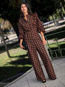 Nöista Geometric Print Ruffle Trim Jumpsuit - Brown - View 2