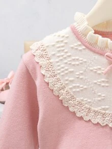 SHEIN 4-7歲女童米色蕾絲蝴蝶結開襟衫百褶裙兩件套，甜美拼接蕾絲針織毛衣套裝，適合春季、秋季、冬季戶外穿著 - 粉色 - 查看 4