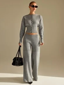 CLARA VERO Button Front Flare Knit Pants Set, Slim Fit, Daily Or Casual, Open Crew Neck, Mild Bell Bottom - Cream - View 5