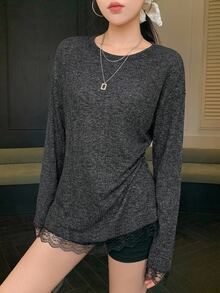 DAZY 女款 2 合 1 蕾絲拼接長袖寬鬆長版 T 恤，春秋服飾 - 黑色 - 查看 5