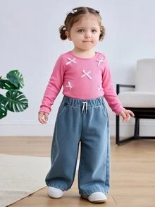 Baby Girl Blue Fleece Lined Straight Leg Denim Jeans With Drawstring Waist, Thickened Fleece Interior, Casual Long Pants For Autumn/Winter Back To School - Blue - View 3