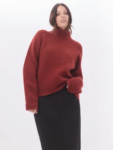 KÆRIA Hus Roll Neck Raglan Sweater - Lofty Rib Knit - Rust Red - Turnback Cuffs,Cosy Knitwear, Winter Layering - Red - View 6
