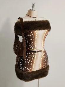 SHEIN ICON Plus Size Women's Faux Fur Collar Shoulder Top And Deer Print Mini Skirt Set - Brown - View 5