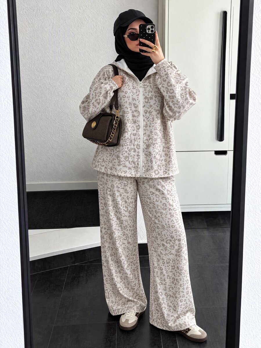 Solavon Women's Leopard Print Hooded Top And Pants Casual Daily 2 Pieces Set - Multicolor - View 1