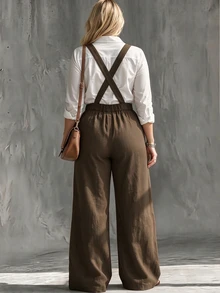 Linhara CURVE Plus Size Women Solid Color Casual Daily Jumpsuit - Brown - View 2