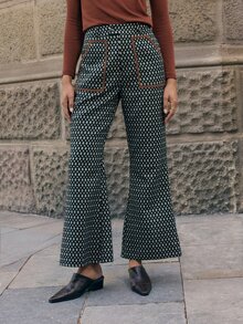 Nöista Geometric Print Trousers With Contrast Piping And Statement Pockets. High Waist And Flared Leg Create A Bold Retro Inspired Silhouette. - Navy Blue - View 3