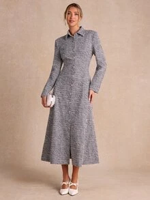 Enchnt Women's Vintage Button Long Sleeve Elegant Dress - Black and White - View 5