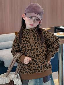 Dazy Kids 少女休閒寬鬆豹紋印花運動衫 - 卡其色 - 查看 3