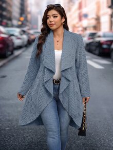 SHEIN Clasi 大尺碼秋季瀑布領米色保暖大衣 正式晚宴教師款 優雅休閒商務休閒 度假晚宴冬季 - 霧霾藍 - 查看 9