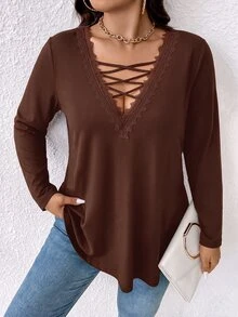 EMERY ROSE Plus Size Women's T-Shirt Elegant Sexy Casual Minimalist Commute Versatile Lace - Brown - View 5