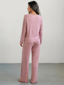 DAZY Women's Solid Color Single-Breasted Long Sleeve Top And Pants Pajama Set - Pink - View 2