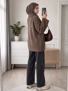 Solavon Women's Shawl Collar Long Sleeve Mid-Length Loose Casual Sweater - Brown - View 6