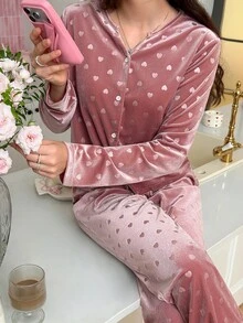 SweetSlumber Women's Glossy Heart Embossed Velvet INS Sweet Pajama Set - Dusty Pink - View 1