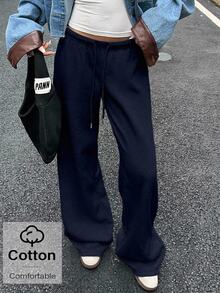 SHEIN EZwear 51%棉女款休閒寬鬆海軍藍前綁帶運動長褲，適合日常穿著與返校季，秋冬女款運動服 - 藏蓝色 - 查看 1