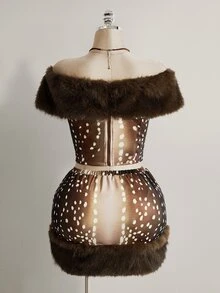 SHEIN ICON Plus Size Women's Faux Fur Collar Shoulder Top And Deer Print Mini Skirt Set - Brown - View 2