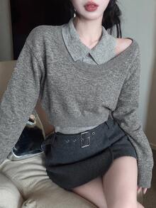 DAZY 秋冬灰色休閒甜美學院風針織背心與短版套頭毛衣女款兩件組 - 深灰色 - 查看 6