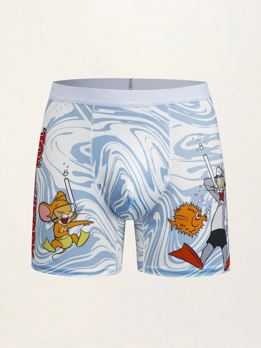 TOM & JERRY X SHEIN Men's Funny Print Boxer Briefs Square Underwear - Blue and White - View 1