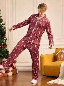 Notgurli Men's Flannel Christmas Penguin All-Over Print Pajama Set, Burgundy Lapel Cardigan Long Sleeve Top And Pants, 2 Pieces Autumn/Winter Loungewear - Burgundy - View 4