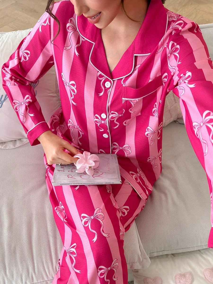 SweetSlumber Sweet Bow Striped Contrast Print Woven Open Front Lapel Women's Pajama Set - Pink - View 1