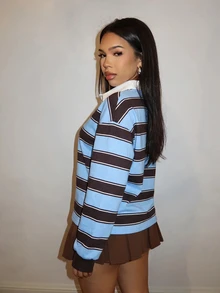 Slaydiva Plus Size Korean Style Striped Colorblock Long Sleeve Sweatshirt - Multicolor - View 2