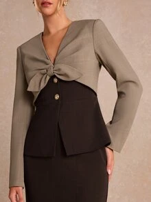 Enchnt Premium Winter Romantic Women's Elegant Brown Color-Blocked Suit Jacket And Skirt Set,Work Outfits,Going Outfits,Formal Outfits,Office Outfit - Brown - View 3