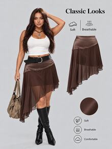 Sweetra Plus Size Women's Casual Commute Minimalist Woven Brown Patchwork Asymmetrical Skirt - Brown - View 1