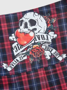 ROMWE Grunge Punk Punk School Style Red Plaid Low Waist Pleated Skirt With Skull Print Women's Skirt - Red - View 3