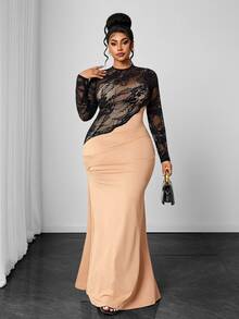 Maweii Plus Size Elegant Fitted Lace Patchwork Long Dress For Women - Apricot - View 1