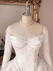Lovelzi Elegant Romantic Lace Corset Mini Dress Long Sleeve Sheer Mesh A-Line Ruffle Skater Bow Women Homecoming Prom Wedding Party Dress - White - View 1