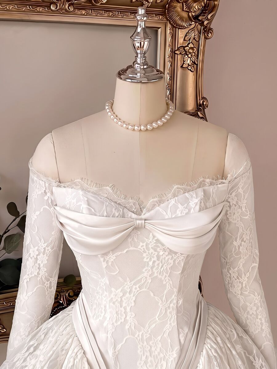 Lovelzi Elegant Romantic Lace Corset Mini Dress Long Sleeve Sheer Mesh A-Line Ruffle Skater Bow Women Homecoming Prom Wedding Party Dress - White - View 1