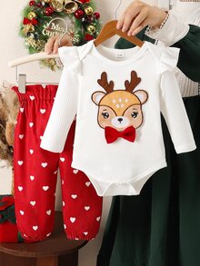 SHEIN 2件組新生女嬰連身衣 可愛紅色馴鹿愛心荷葉邊蝴蝶結長袖圓領常規款 冬季聖誕派對攝影用 羅紋面料 - 紅色 - 查看 6