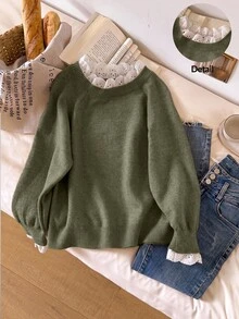 Story & Sage 女款刺繡立領落肩長袖休閒毛衣 秋冬休閒棕色毛衣 女款外出穿搭荷葉邊蕾絲飾邊毛衣 - 軍綠色 - 查看 1