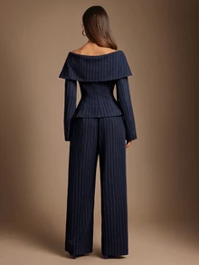 Radiana Women's Cold Shoulder Single-Breasted Long Sleeve Striped Asymmetrical Hem Blazer Suit - Navy Blue - View 4