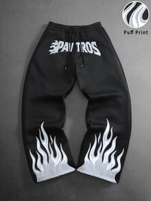 Manfinity Roghcode Men's Autumn/Winter Curved Leg Sweatpants, Flame Puff Print Craft, Millennium Theme Halloween Christmas Gift - Black - View 3